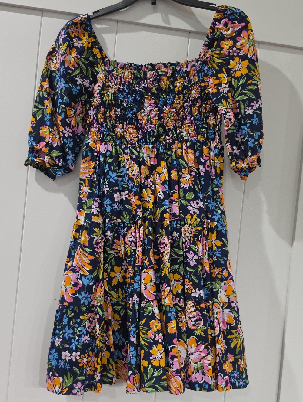 crown & ivy Navy Floral Smocked Puff Sleeve Dress with Pink & Yellow Blooms